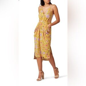 BCBG Della Womens Casual Sleeveless Midi Dress - Spring Yellow Floral La…